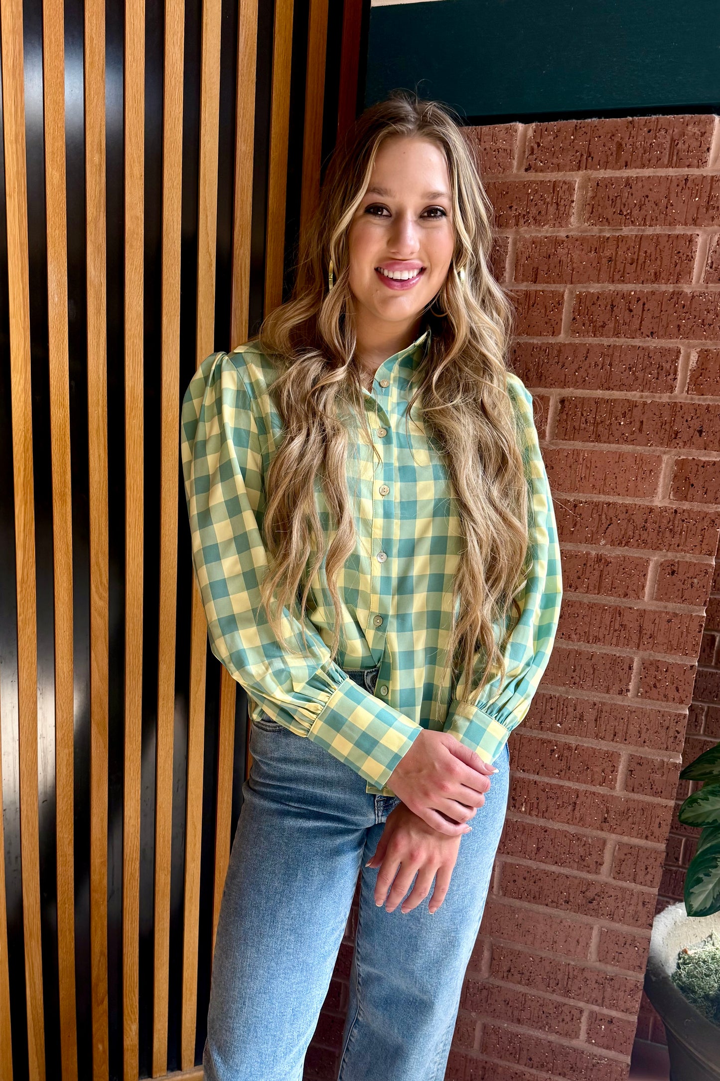 Lime Yellow Gingham Blouse -Turquoise Haven