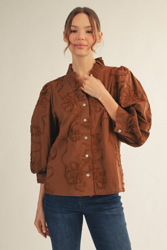 Floral Mocha Button Down Top by Jodifl