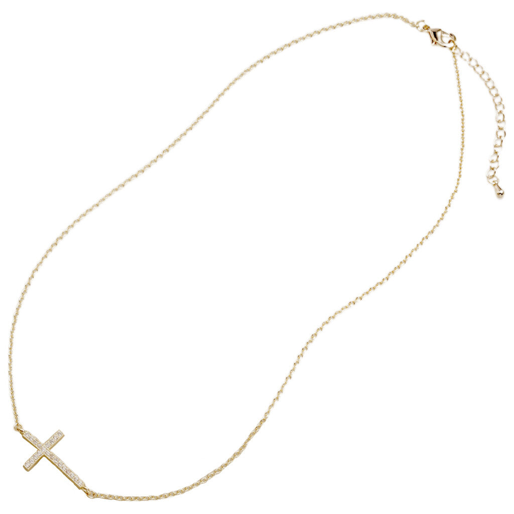 Gold Sideways CZ Cross Necklace