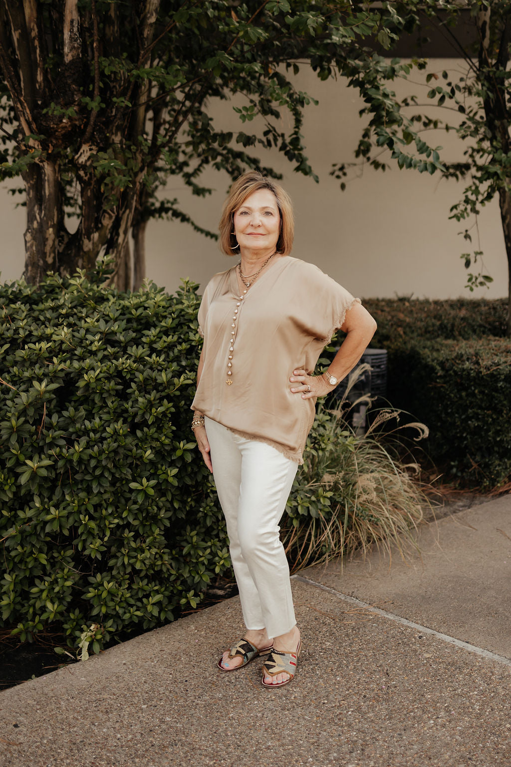 Silky V-Neck Top with Raw Hem