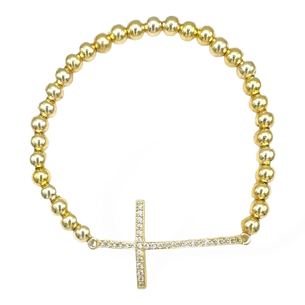 Gold Beaded Bracelet with CZ Cross