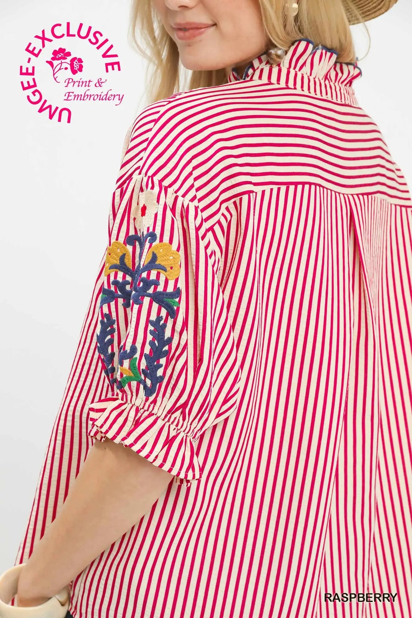 Patriotic Embroidered Ruffle Trim Blouse