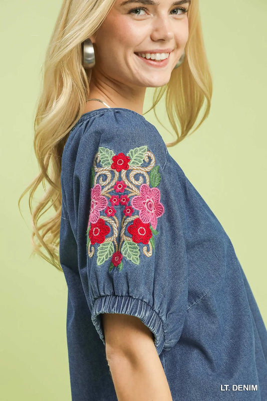 Denim Embroidered Puff Sleeve Top