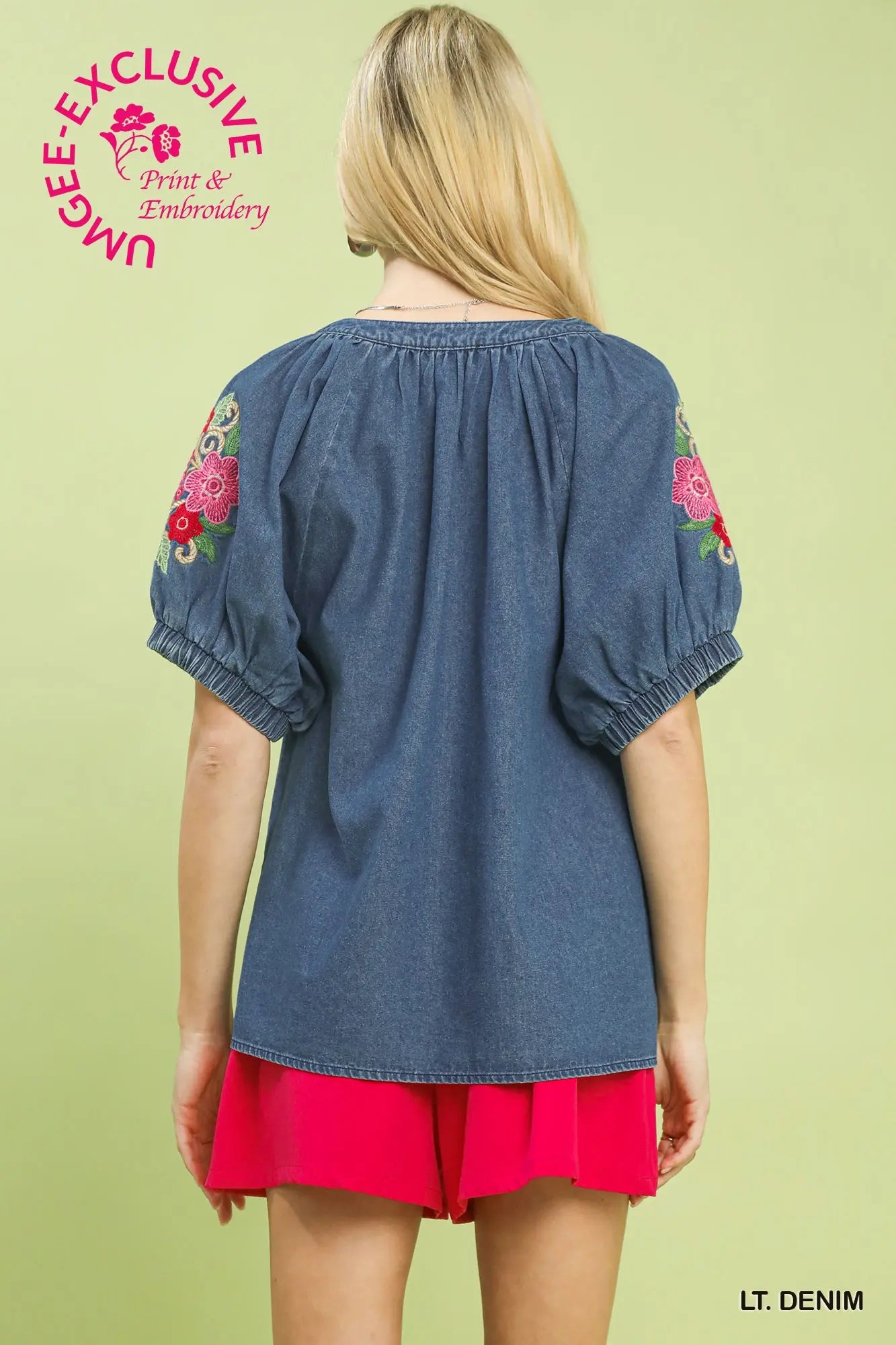 Denim Embroidered Puff Sleeve Top