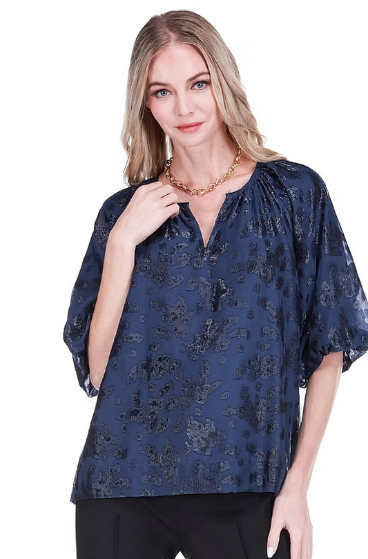 Joy Joy Navy Shimmer Puff Sleeve Blouse