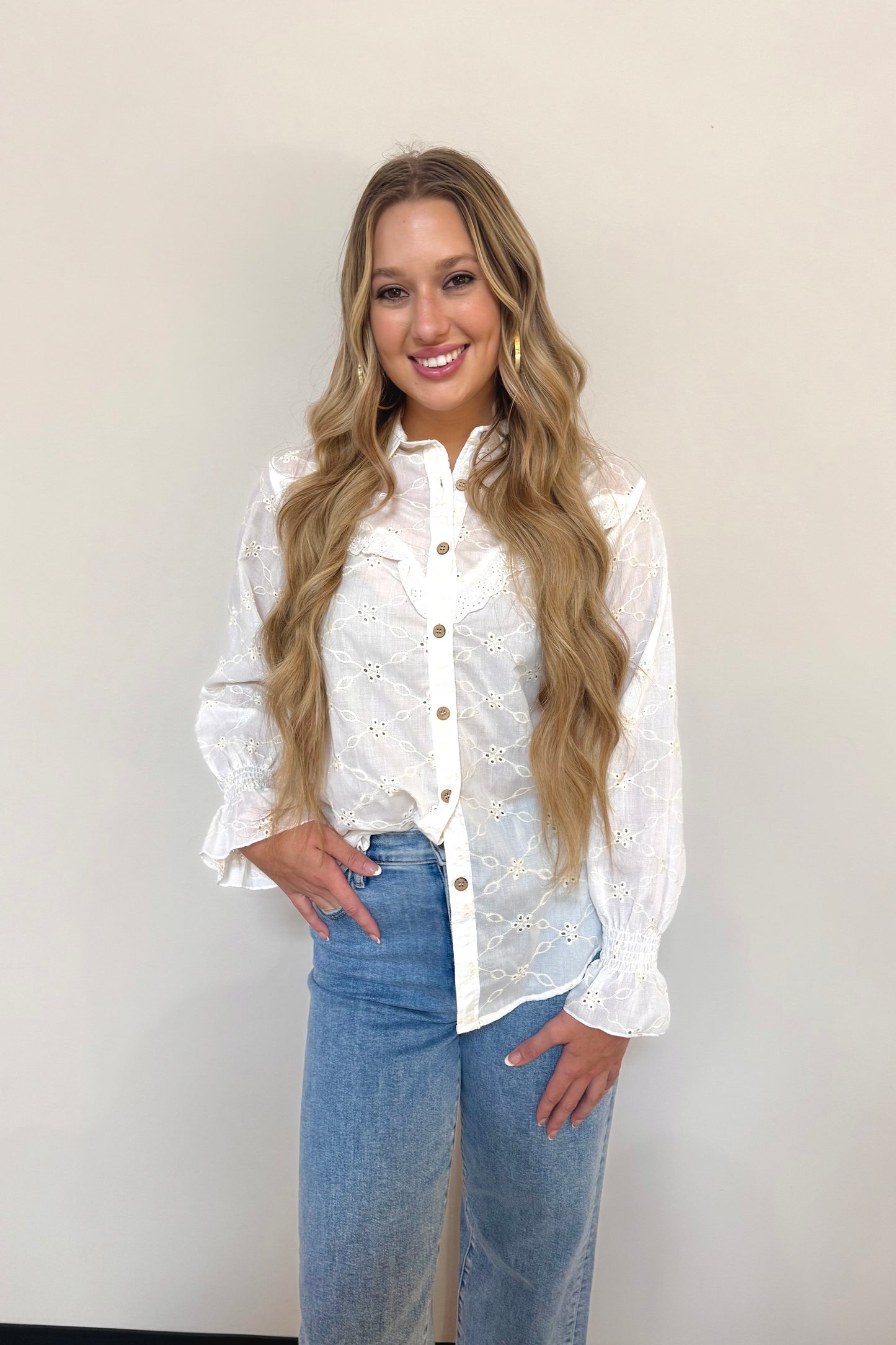 Ivory Eyelet Button-Up Blouse with Ruffle Accents by Turquoise Haven