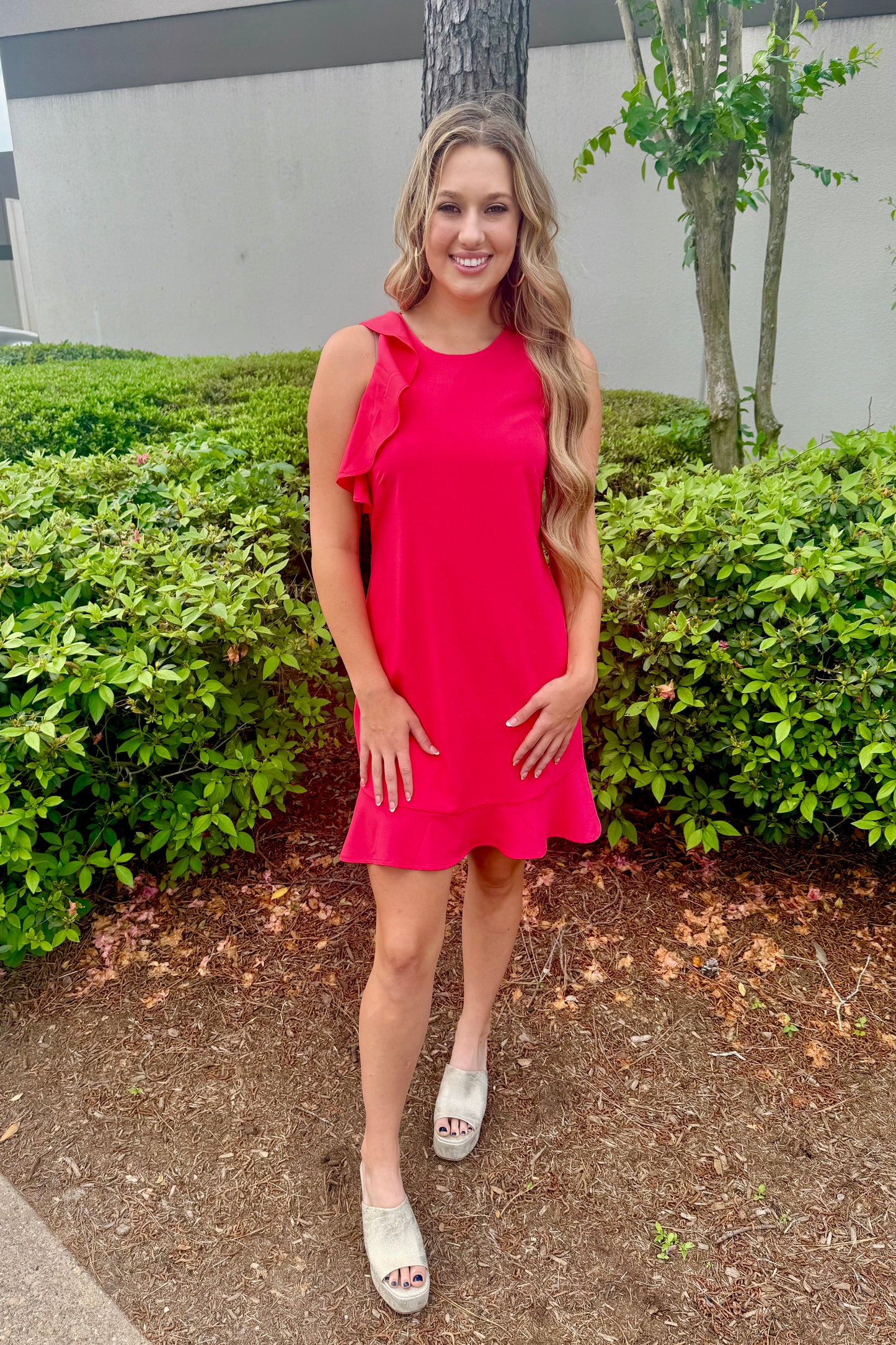 The Adison Pink ~ Shoulder Ruffle Flutter Dress