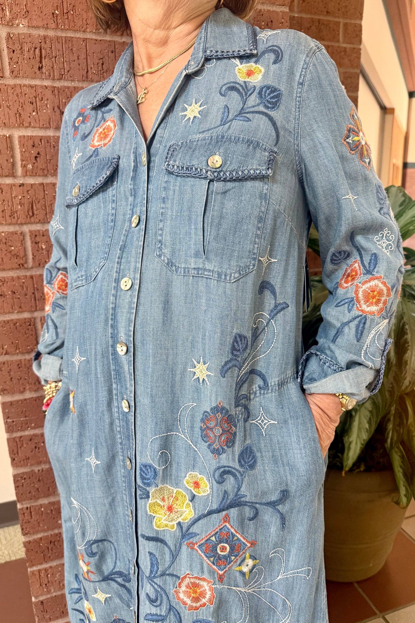 Embroidered Denim Maxi Dress by John Mark