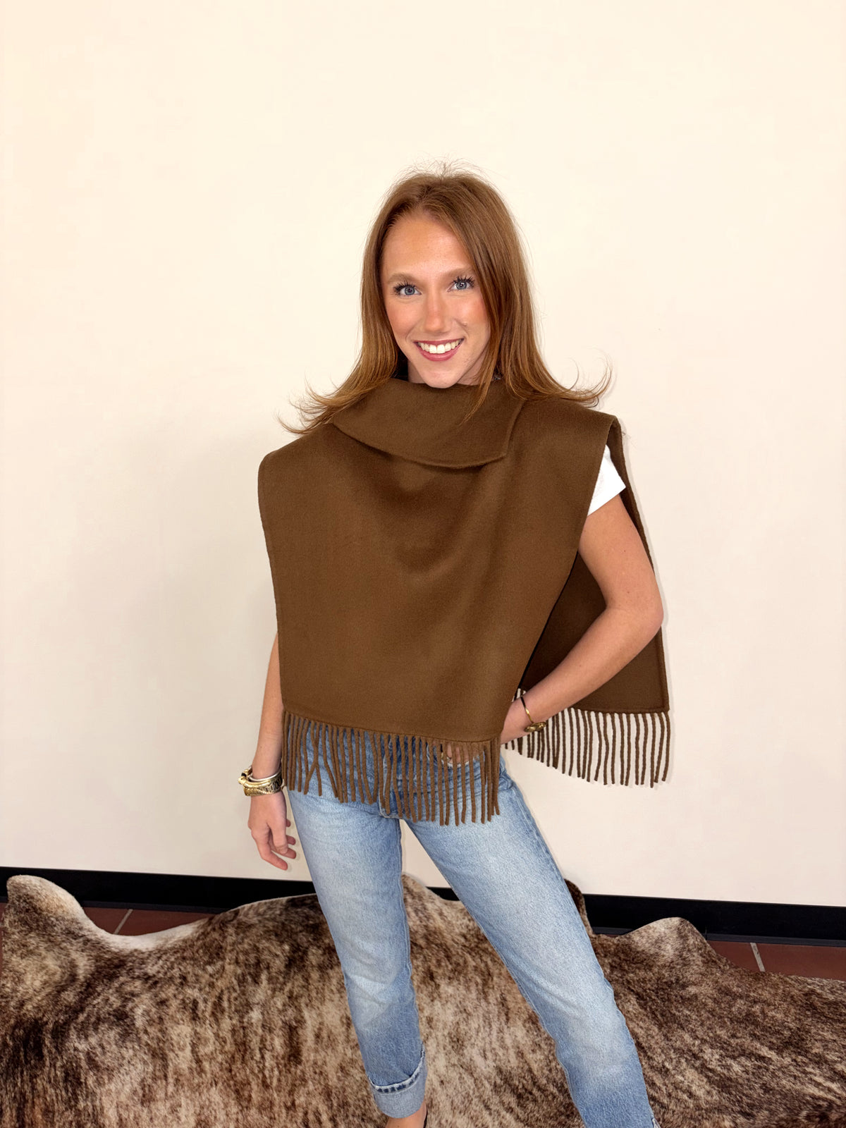 Fringe Poncho - Chocolate and Blush