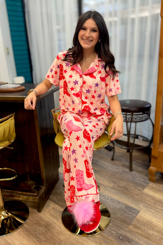 Howdy Hanny Pink Boots and Stars Pajama Set