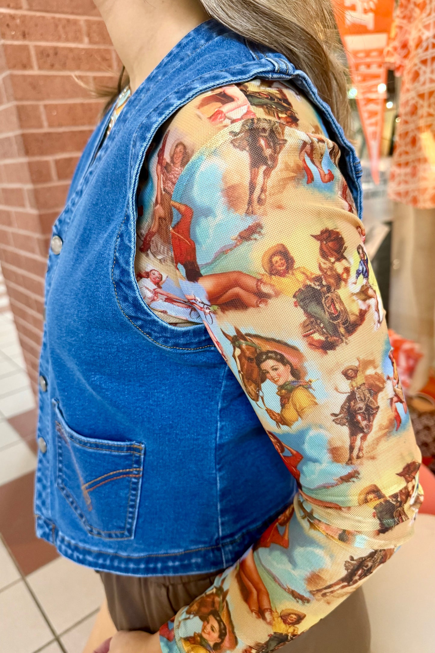 Vintage Cowgirl Print Fitted Mesh Top by Turquoise Haven