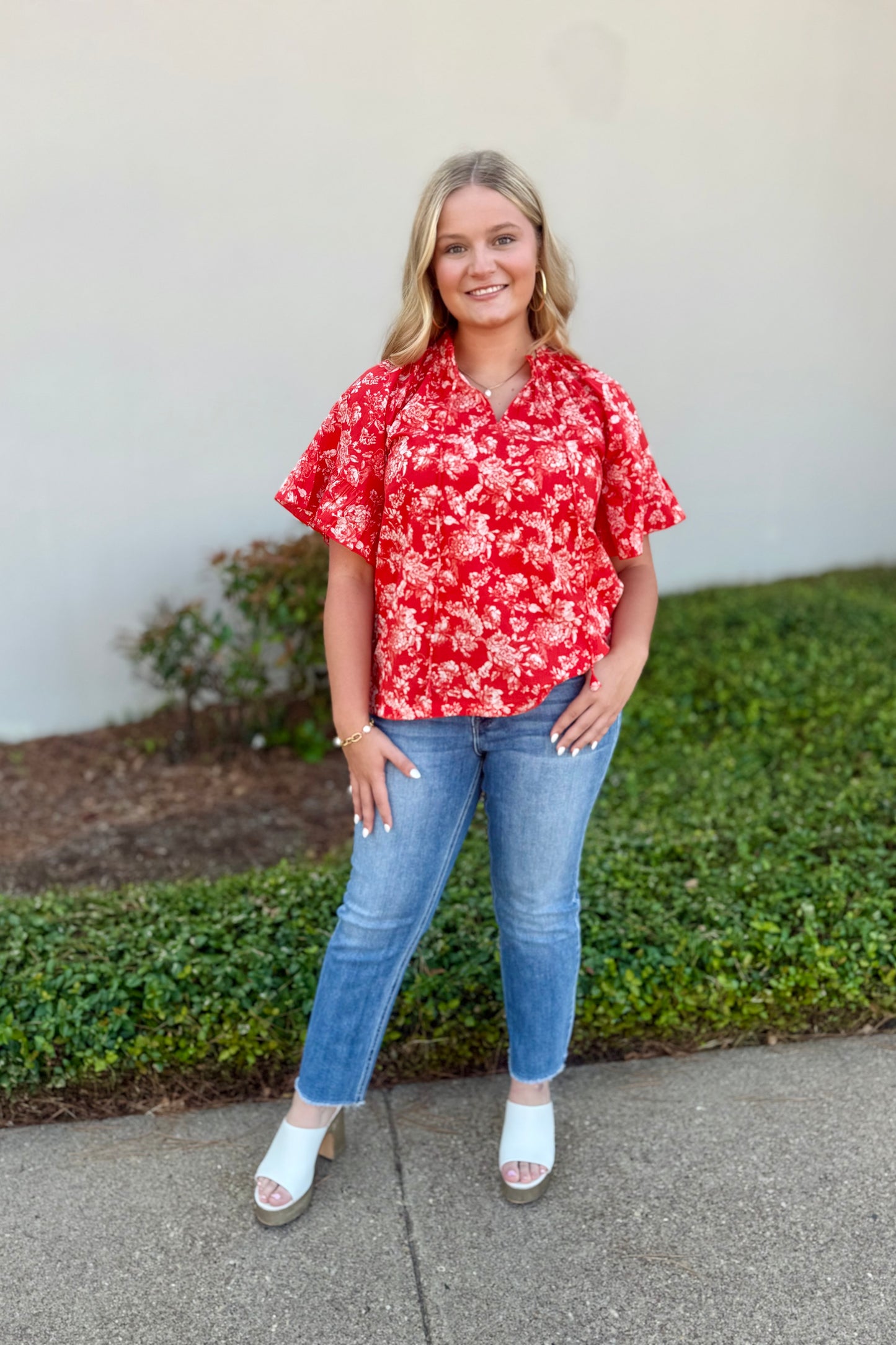 Red Floral Bell Top by Layerz