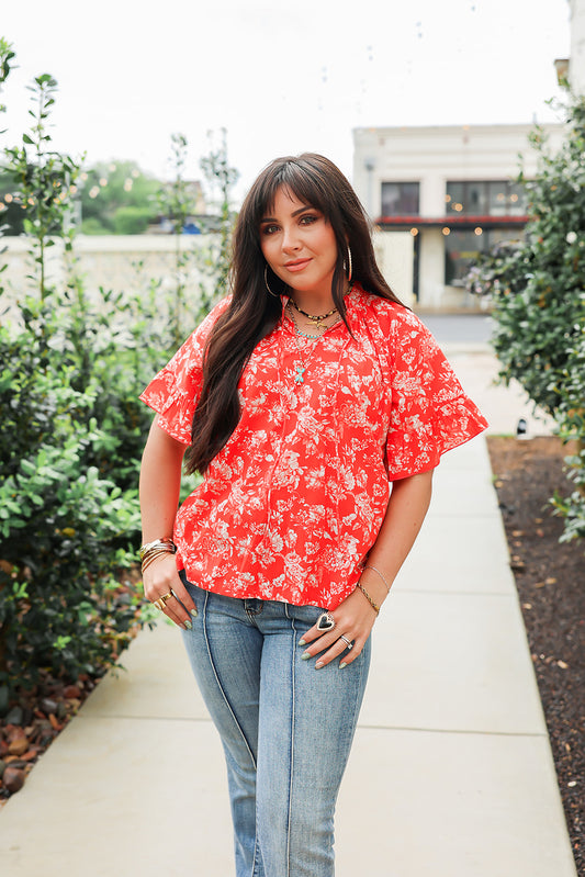 Red Floral Bell Top by Layerz