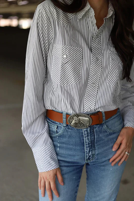 Black Striped Vintage Pearl Snap Top