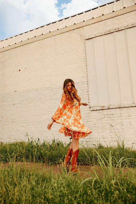 Bright Coral Lotus Print Kaftan (Yellow Background)