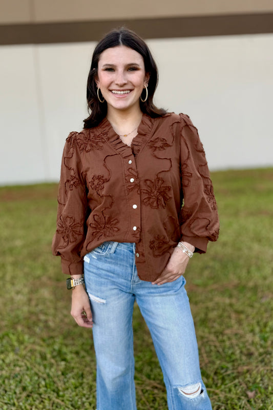 Floral Mocha Button Down Top by Jodifl