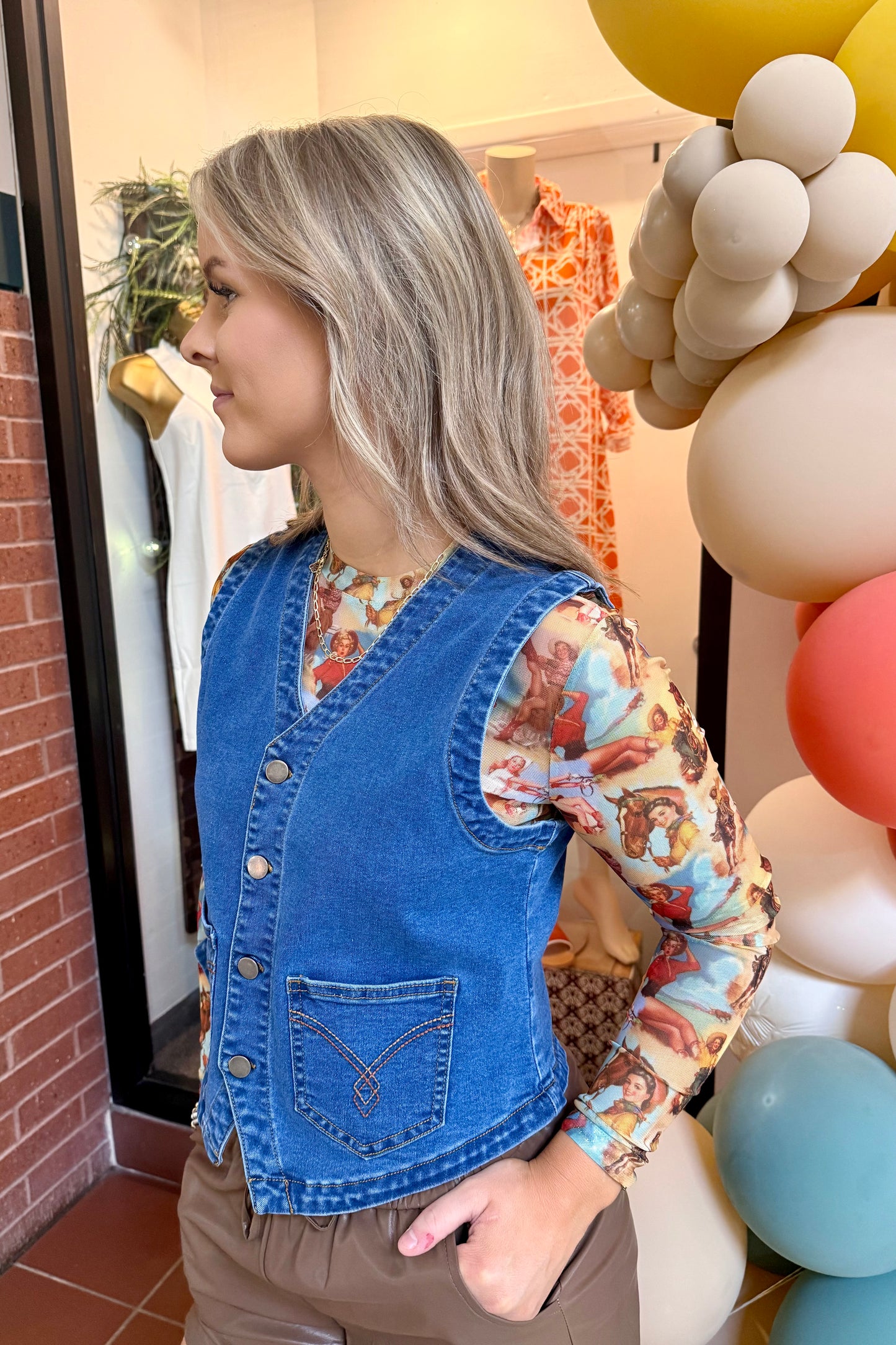 Vintage Cowgirl Print Fitted Mesh Top by Turquoise Haven