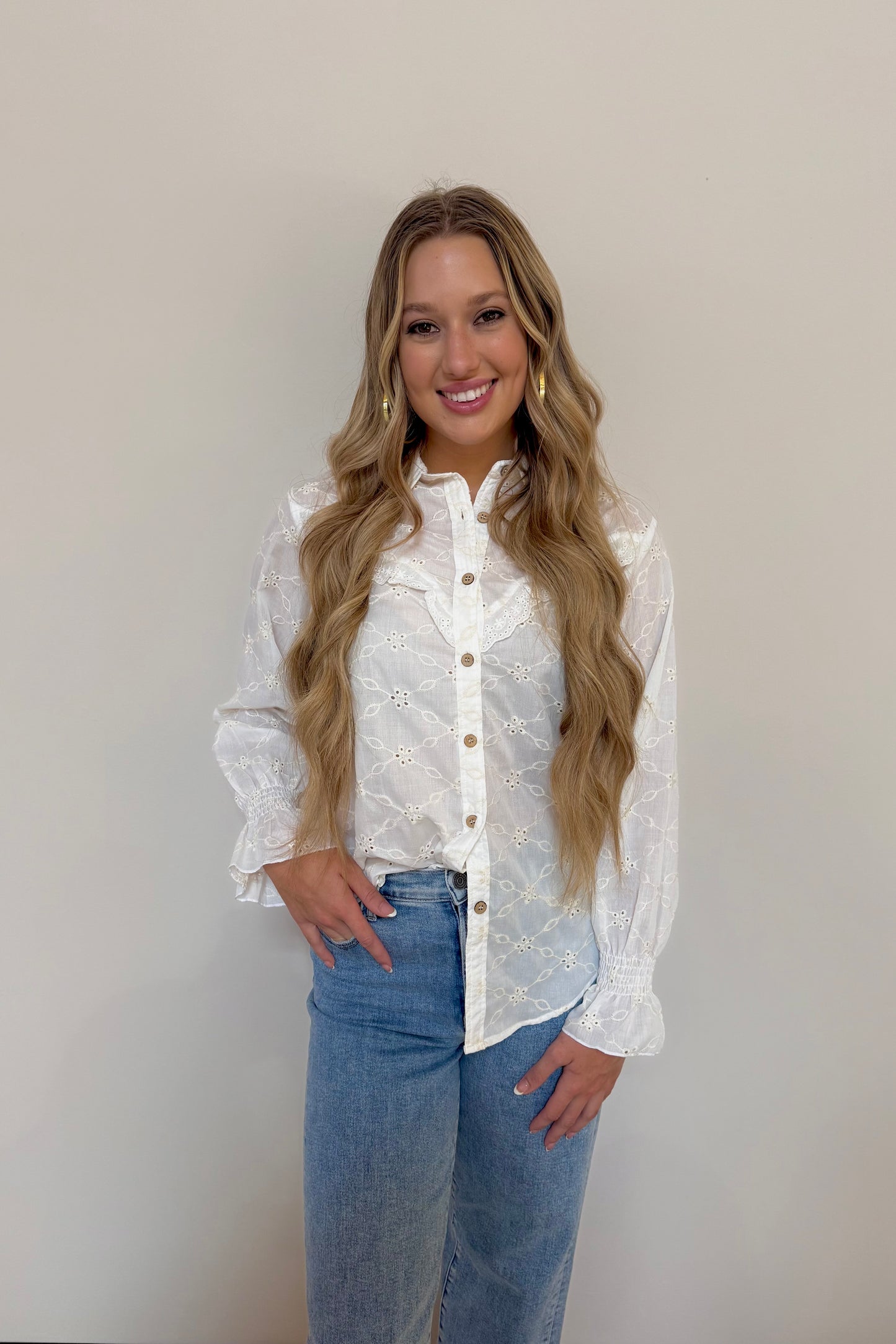 Ivory Eyelet Button-Up Blouse with Ruffle Accents by Turquoise Haven