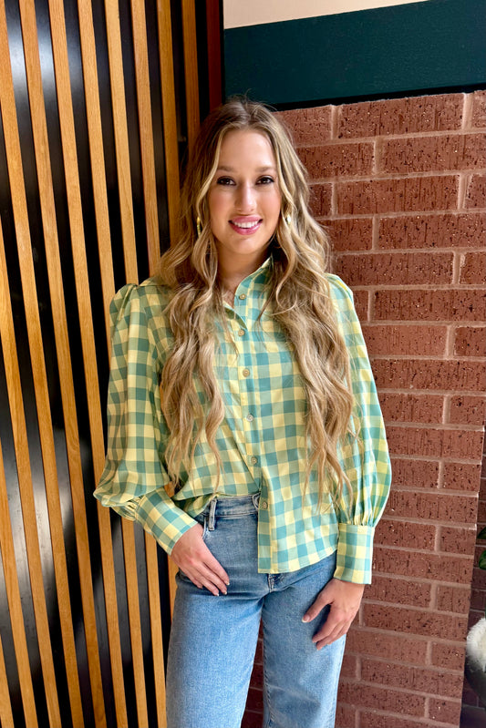 Lime Yellow Gingham Blouse -Turquoise Haven