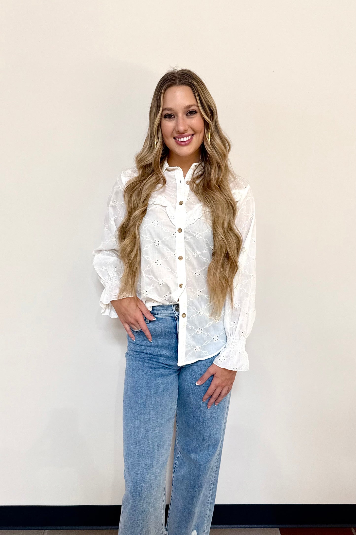 Ivory Eyelet Button-Up Blouse with Ruffle Accents by Turquoise Haven