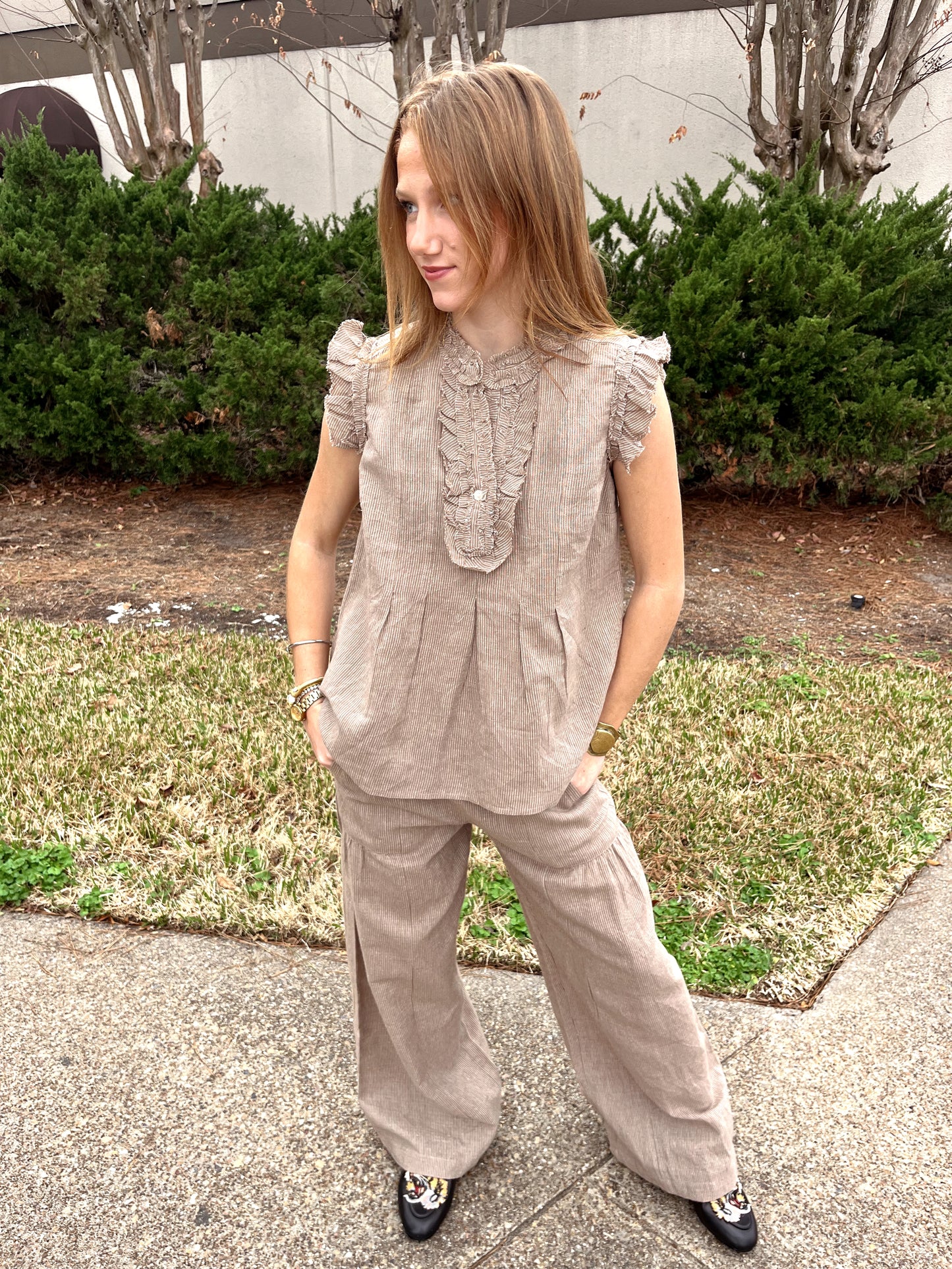 Wide Leg Striped Pant in Khaki by Ivy Jane