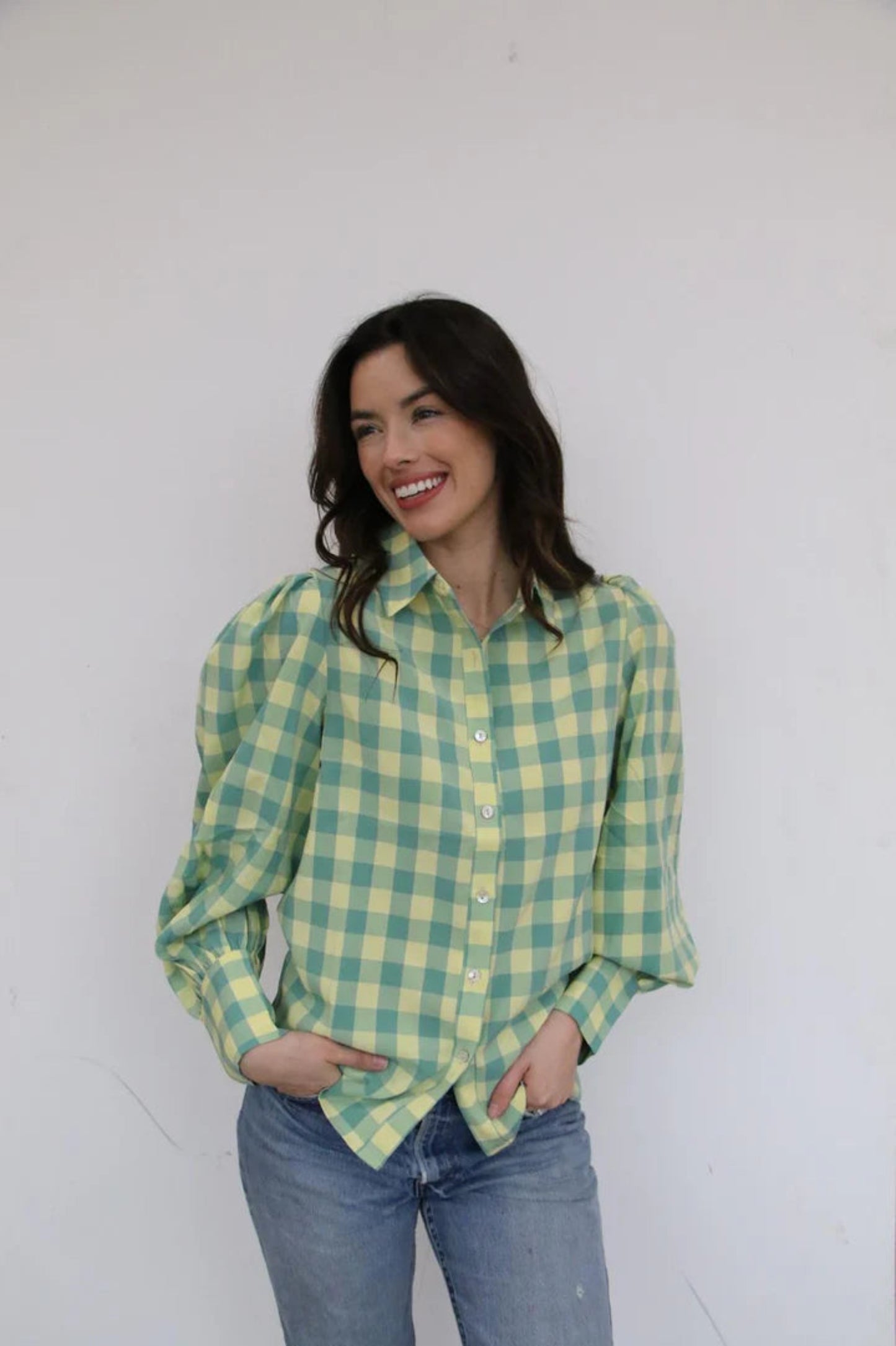 Lime Yellow Gingham Blouse -Turquoise Haven