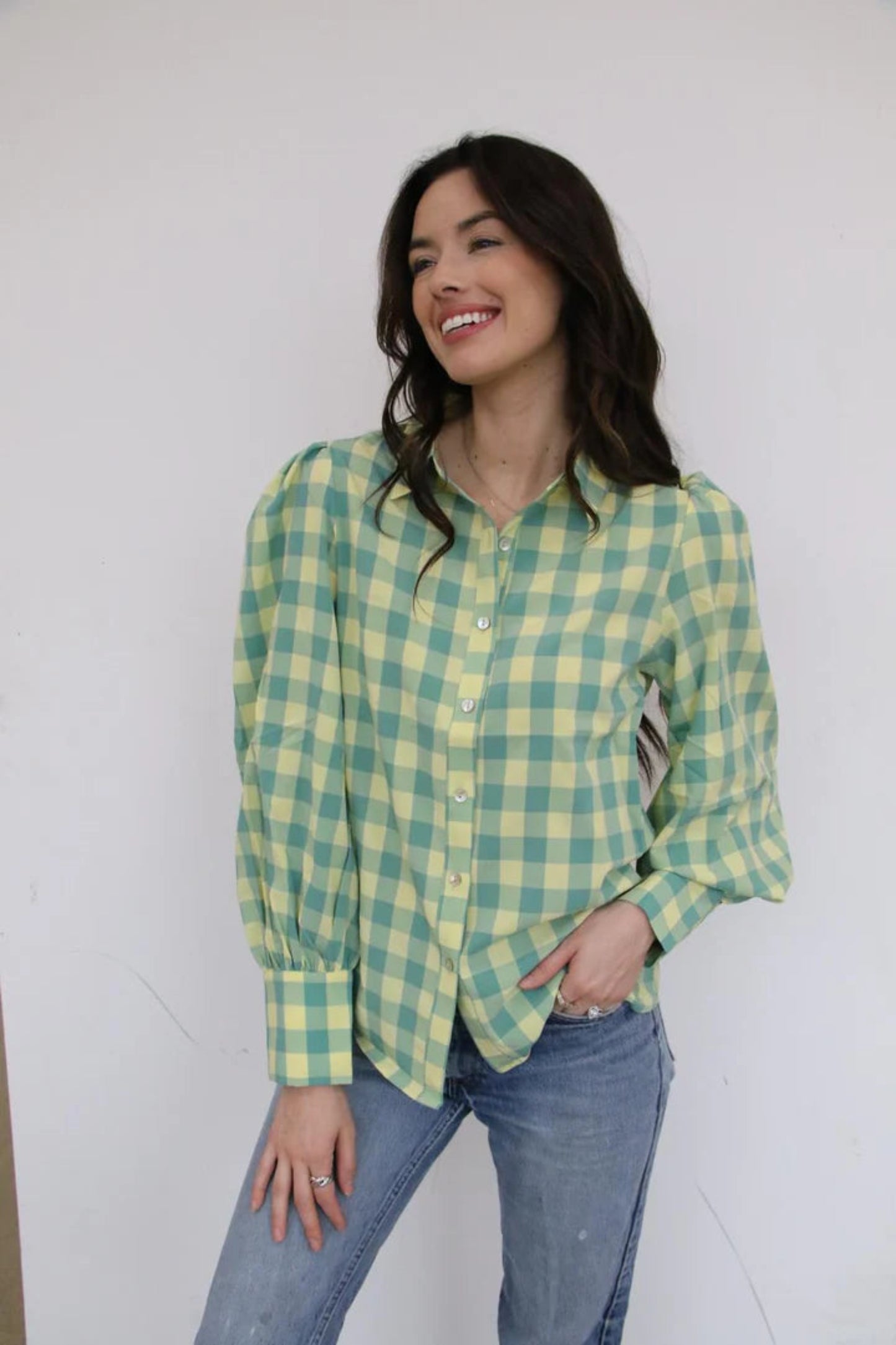 Lime Yellow Gingham Blouse -Turquoise Haven