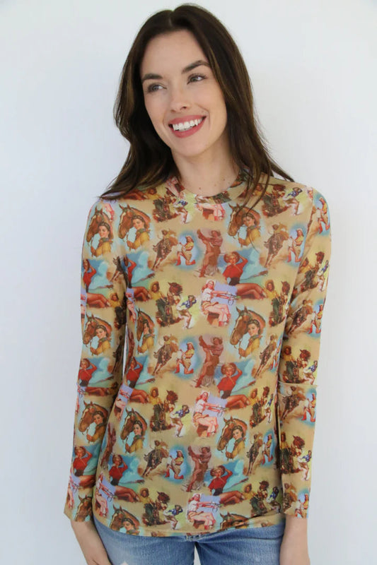 Vintage Cowgirl Print Fitted Mesh Top by Turquoise Haven