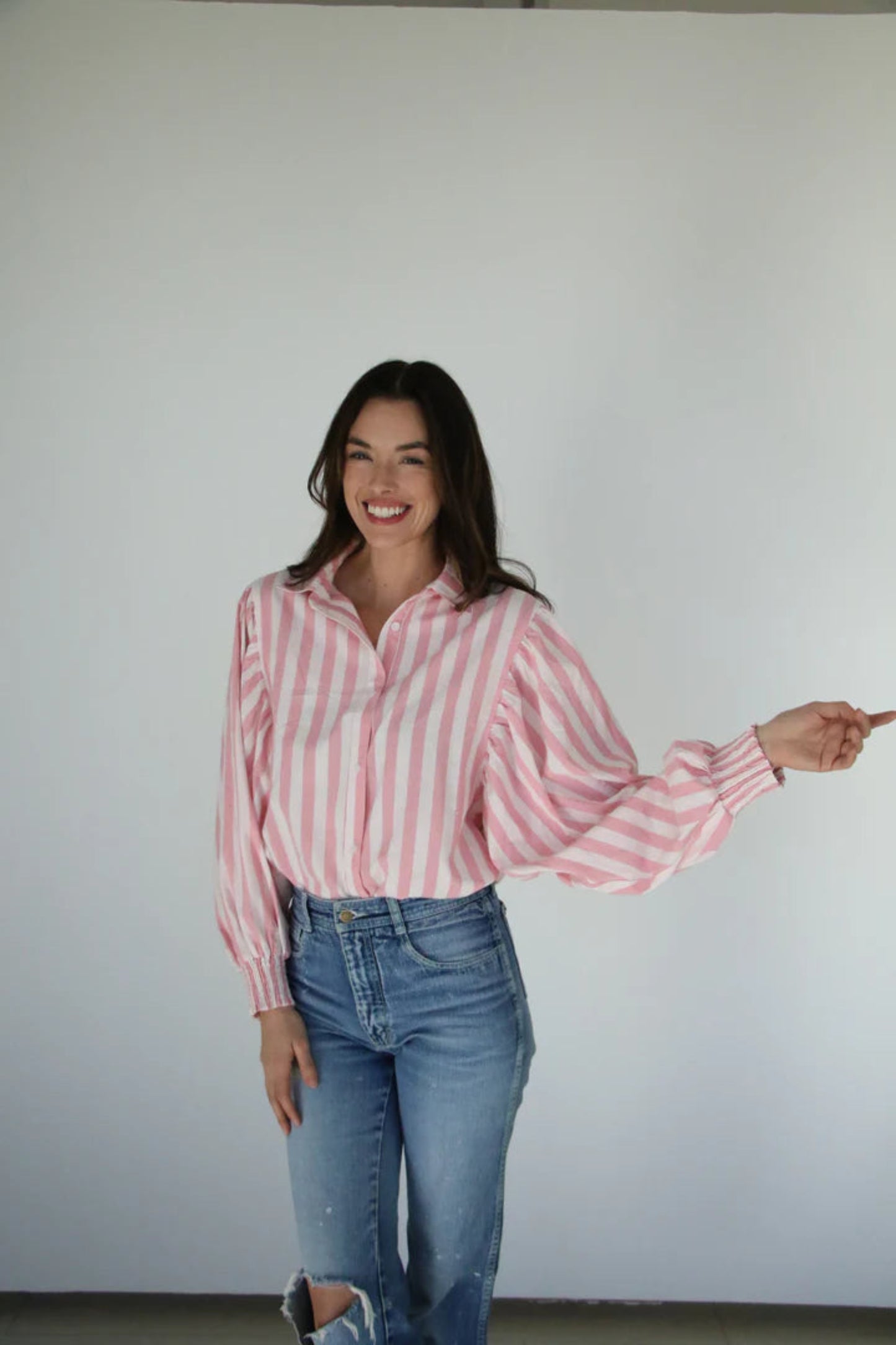Women's Striped Puff-Sleeve Button-Up Blouse by Turquoise Haven