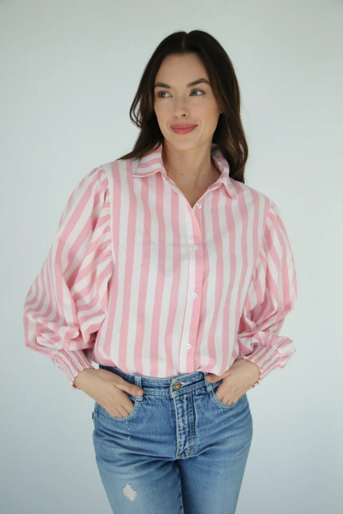 Women's Striped Puff-Sleeve Button-Up Blouse by Turquoise Haven