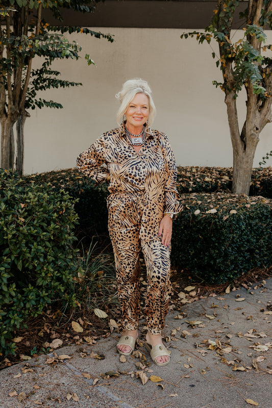 Satin Tiger Print Long Sleeve Blouse