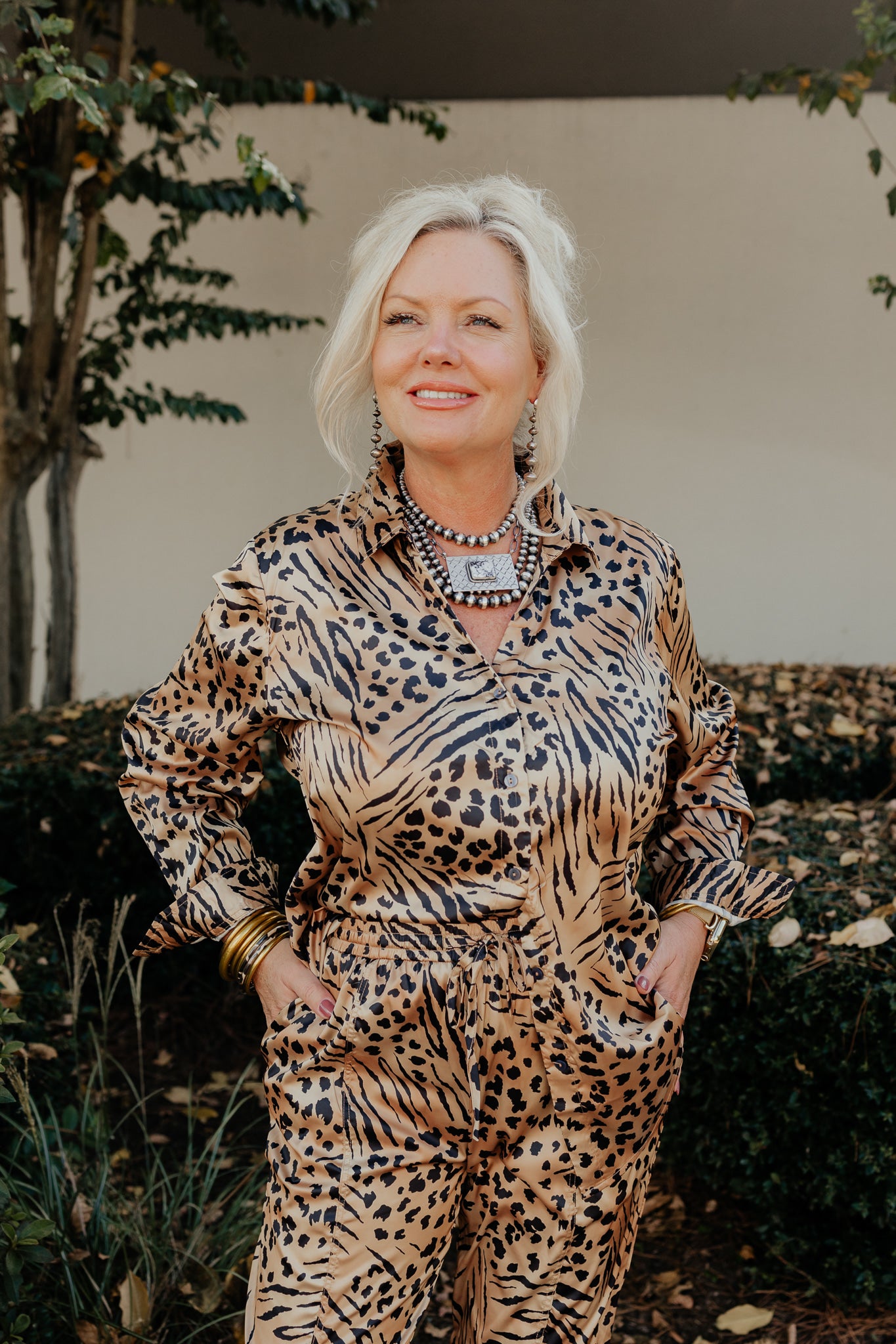 Satin Tiger Print Long Sleeve Blouse