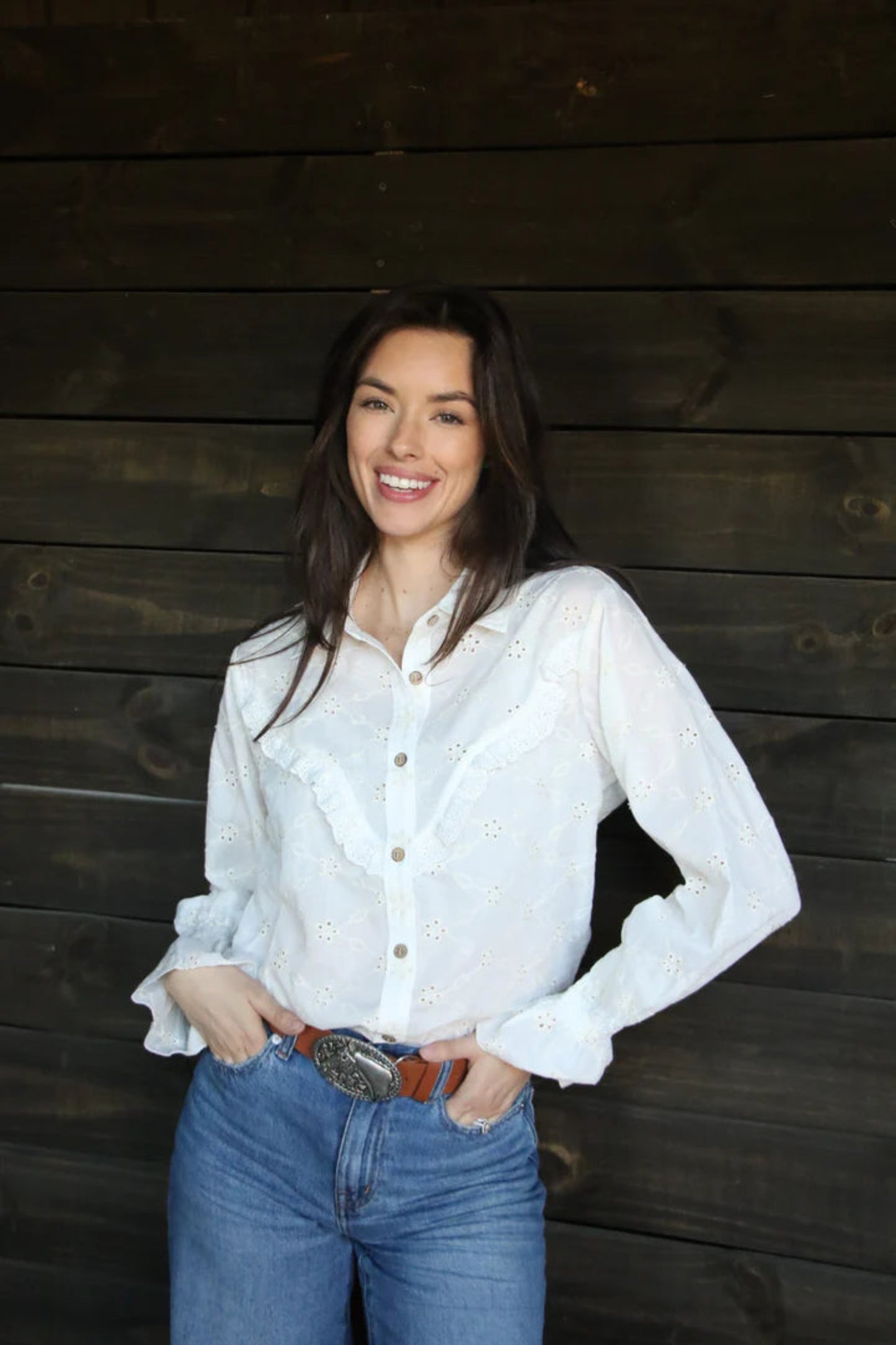 Ivory Eyelet Button-Up Blouse with Ruffle Accents by Turquoise Haven