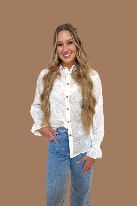 Ivory Eyelet Button-Up Blouse with Ruffle Accents by Turquoise Haven