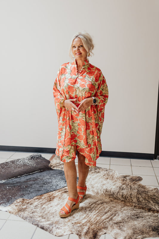 Bright Coral Lotus Print Kaftan (Yellow Background)