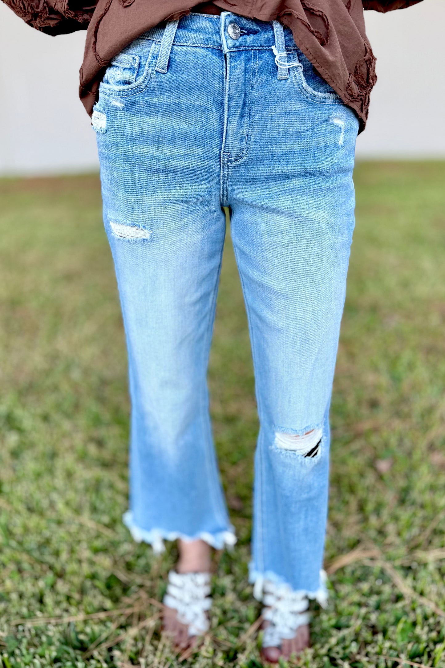 High Rise Distressed Crop Slim Wide Jeans by Vervet