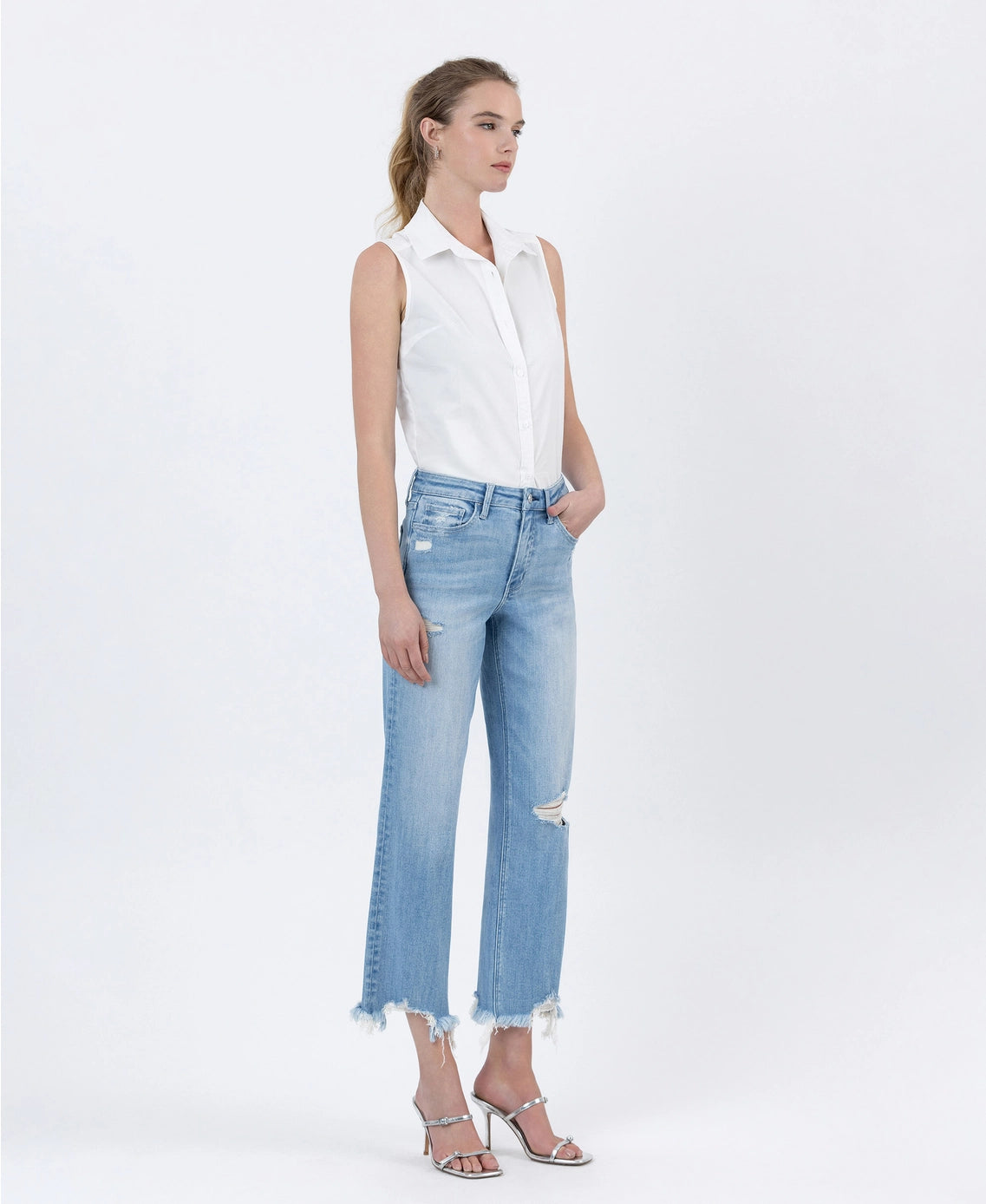 High Rise Distressed Crop Slim Wide Jeans by Vervet