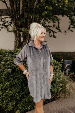 BoHo Chic Charcoal Velvet Shirt Dress