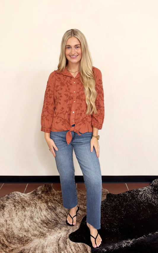 Rust Woven Emd Tie Top