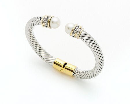 Mixed Metal Hinged Cable Bracelet with Pearl Ends