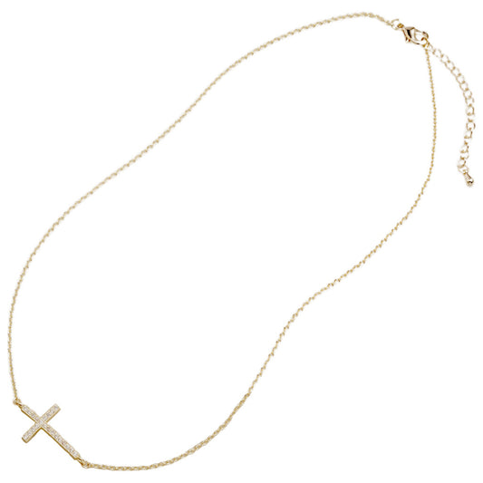 Gold Sideways CZ Cross Necklace