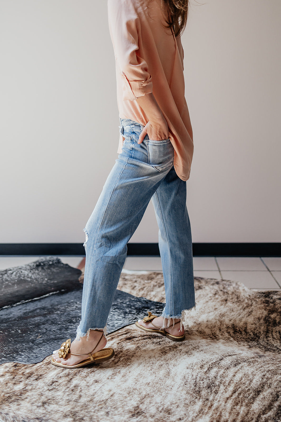 High Rise Distressed Crop Slim Wide Jeans by Vervet
