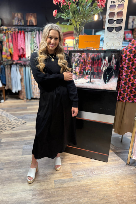 Black Satin Maxi Dress and Sweater Set