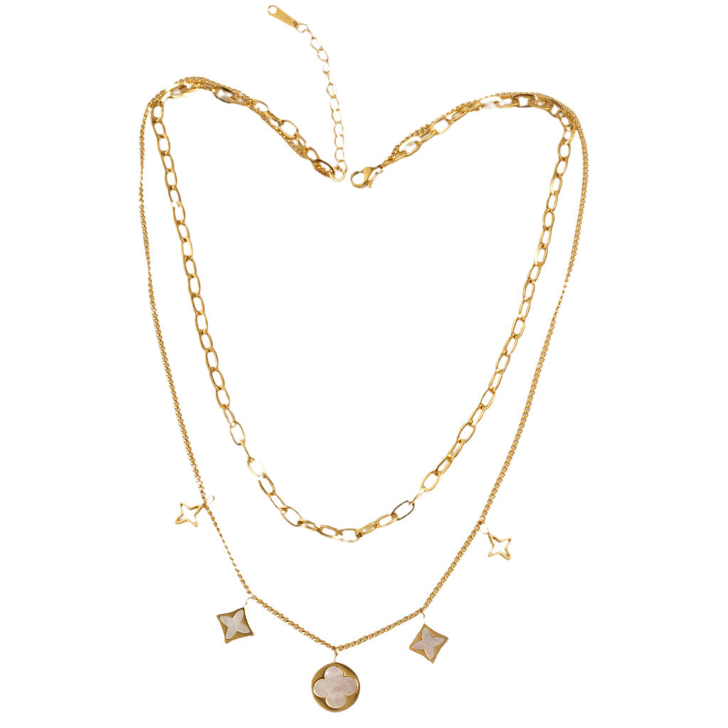 Gold 2 Chain Mother of Pearl Charm Necklace