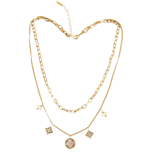 Gold 2 Chain Mother of Pearl Charm Necklace