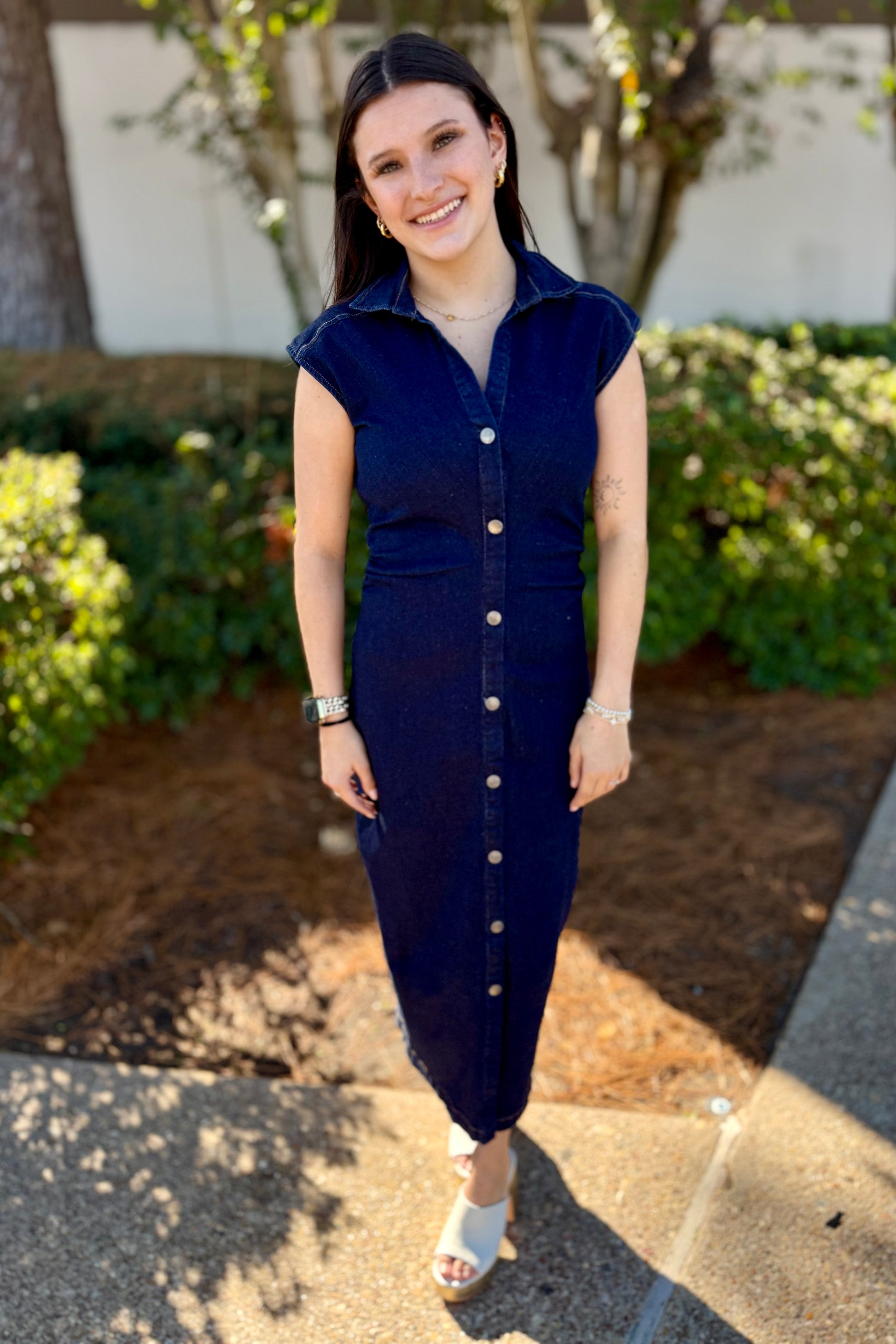 perfect denim dress Elegant Solid Color Sleeveless V Neck Denim Dress For Women In Polyester, Perfect Casual Wear