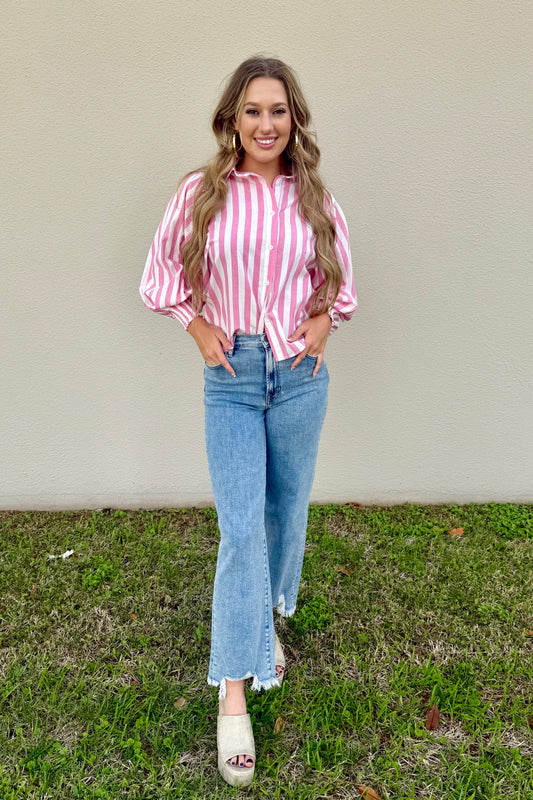 Women's Striped Puff-Sleeve Button-Up Blouse by Turquoise Haven