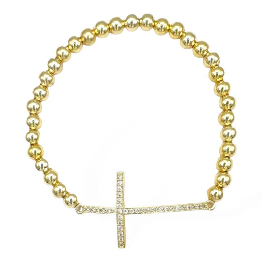 Gold Beaded Bracelet with CZ Cross
