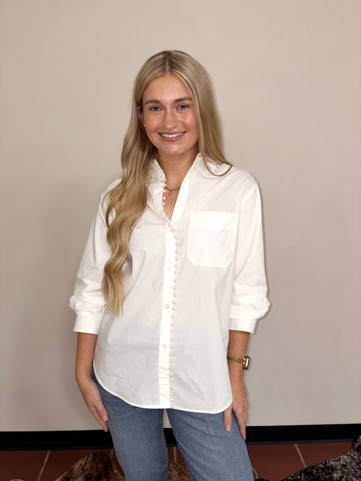 Pearl-Trim Button-Down Shirt