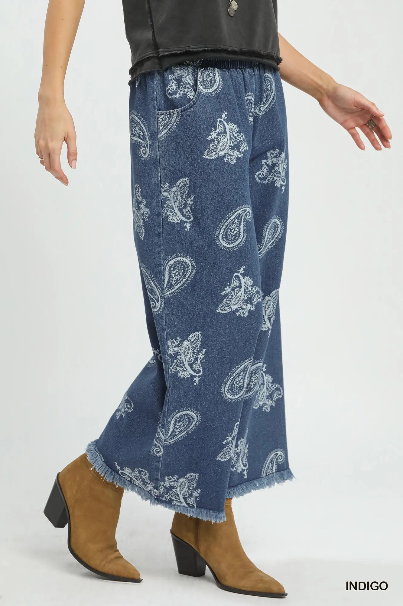 Denim Paisley Frayed Pants